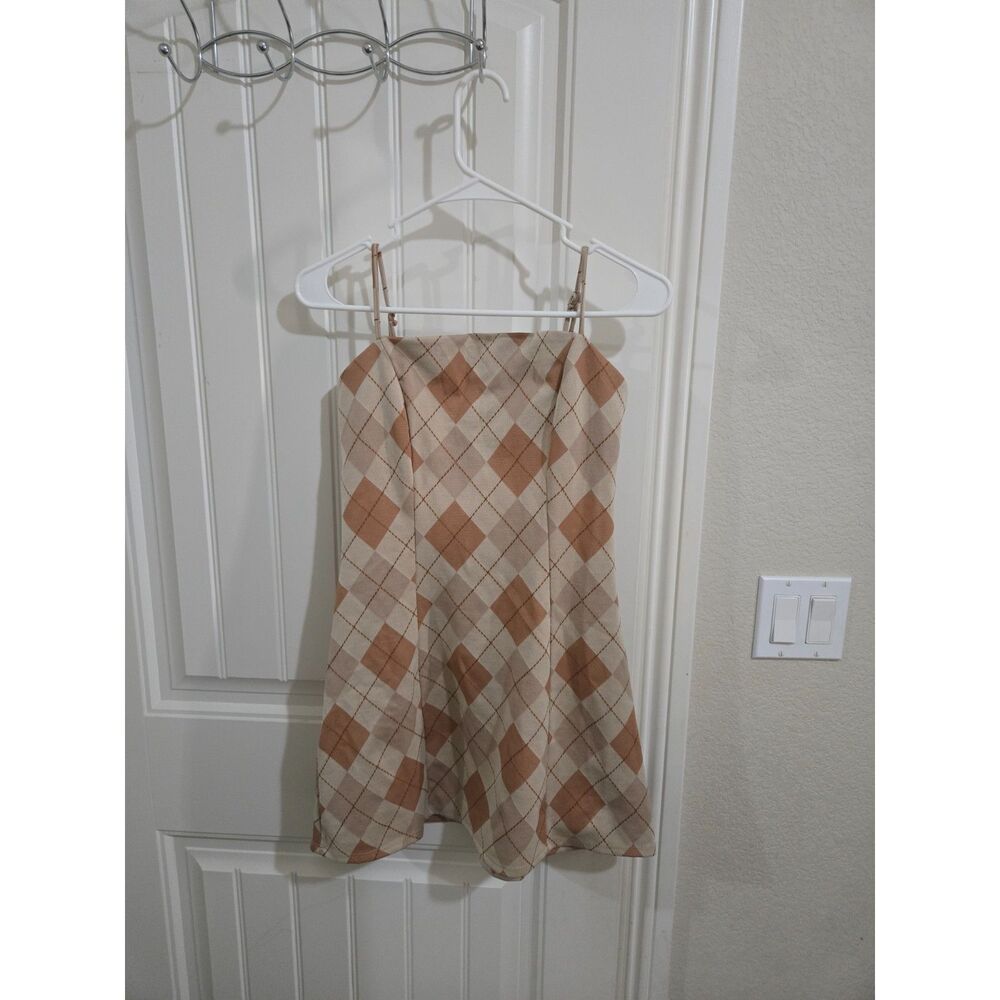 Lunachix Womens XS Argyle Mini Dress Tan Beige Brown Spaghetti Strap Y2K Style